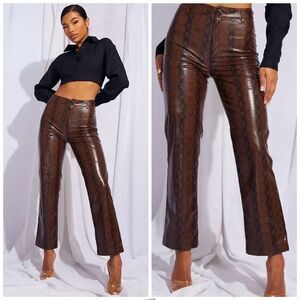 PRETTYLITTLETHING Faux Leather Snake Print Cropped Brown Straight Leg Trousers